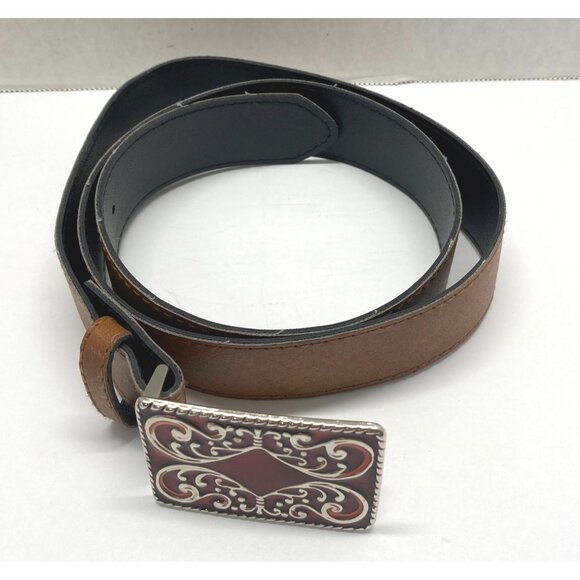 Western Style Brown Faux Leather Belt Ornate Red Enamel Silver Tone Buckle - Picture 7 of 10